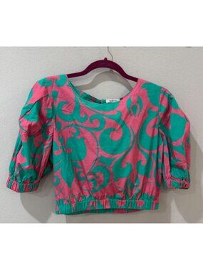 Maude Vivante Pink & Green Puff Sleeve Crop Top – Size S
